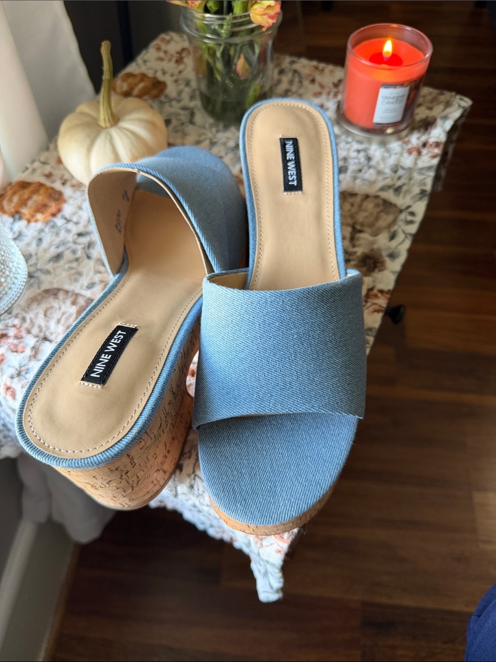 Nine West Light Blue Denim Cork Platform Slide Sandals